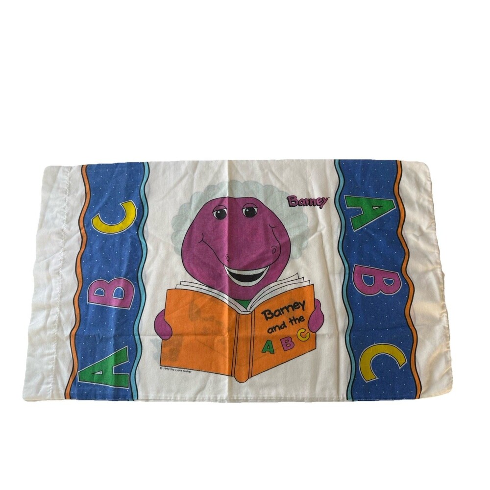 1 Vintage Barney Baby Bop ABC Pillowcase Double Sided 1993 Purple Dinosaur 30x18